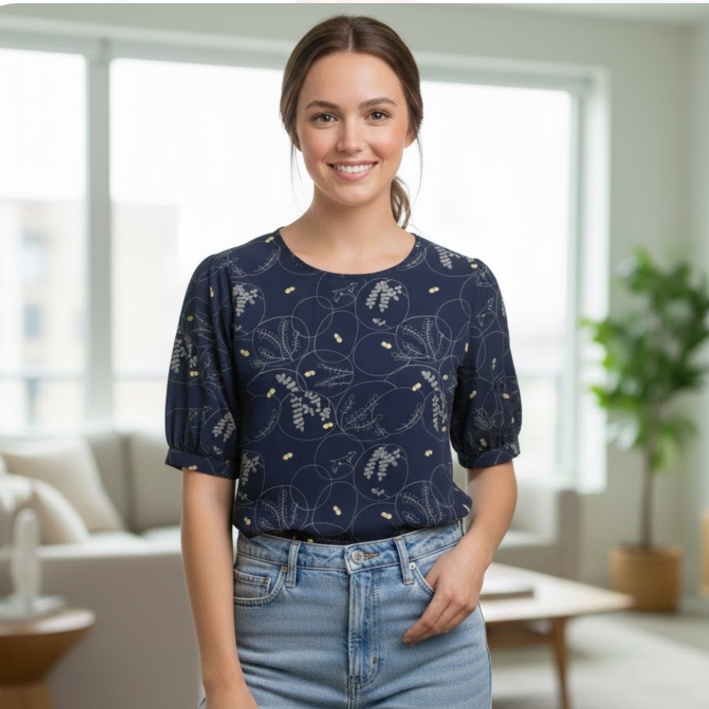 Navy Floral Print Puff Sleeve Blouse Coastal Whimsical Cottagecore Size L